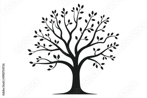Simple black silhouette of a stylized tree with leaves on white background branches