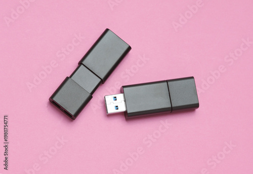Obraz na płótnie Two black USB flash drives on pink background