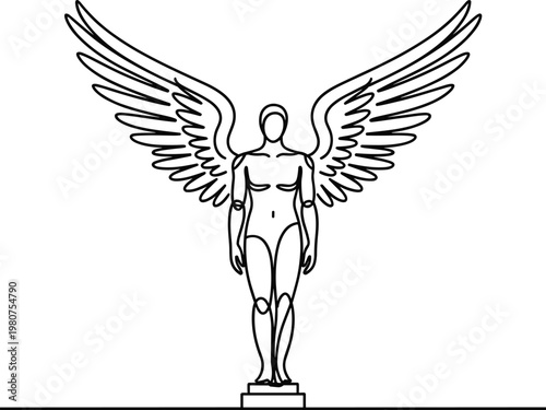 Minimalist line of a standing angel with outstretched wings