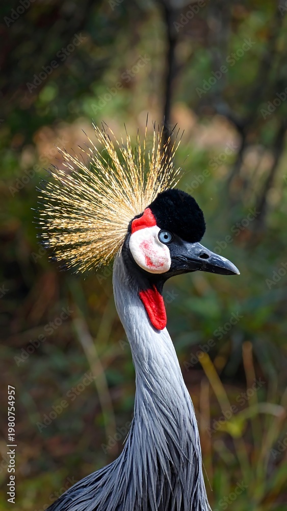 Fototapeta premium A gray crowned crane with a distinctive crest and red markings