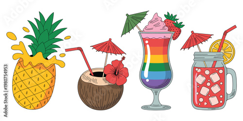 Tropical Summer Drinks Pineapple Coconut Rainbow Cocktail Mason Jar Drink vector illustration