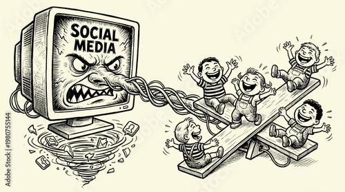 Social Media Computer Evil Monster Affecting Happy Children on Seesaw.