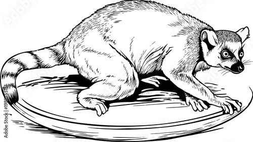 Detailed black and white illustration of a lemur, striped tail, on a curved surface