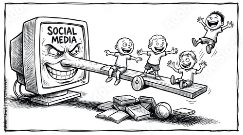 Social Media Computer Manipulating Happy Children on Seesaw.