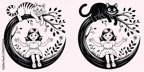 Two cartoon illustrations of a girl and a cat sitting on a tree branch inside a circular frame Keywords: cartoon, illustration