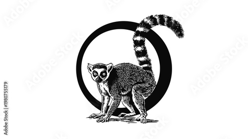 Stylized lemur standing in front of a black ring, illustrative, black and white
