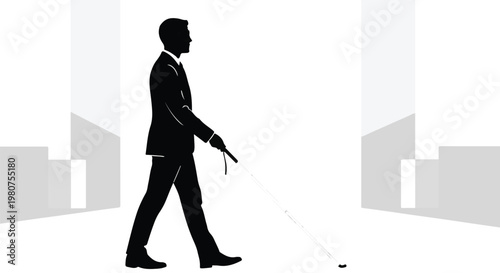 Blind man walking with cane in modern city urban environment, accessible mobility concept