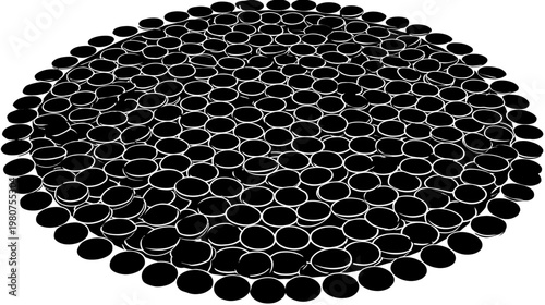 Black and white rendering of a circular mass of discs from low angle perspective