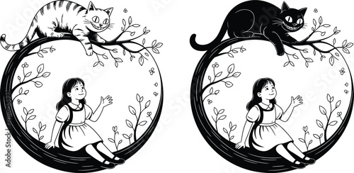 Two circular illustrations of a girl and a cat in a tree, one striped and one black, line art child young