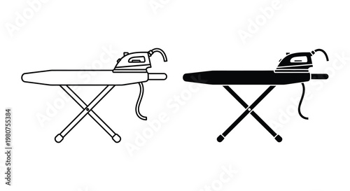 Two depictions of an ironing board and iron presented in black and white silhouette