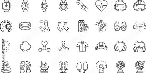 Wearable technology and smart device icon set with smartwatch headset controller goggles health tracker clothing accessories electronic gadgets symbols collection