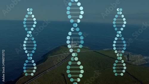 Pale blue dots falling, forming three helices aligning over lighthouse cliff, showing tech data