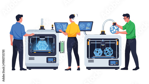 3D Printing in progress: An illustration that captures the essence of 3D printing, with people overseeing the creation of intricate objects.
