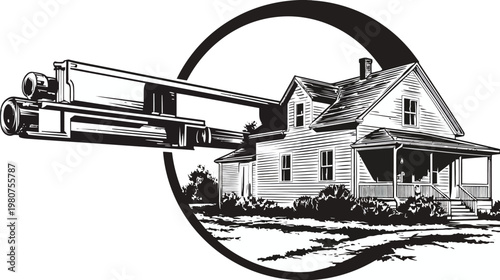Line art depicting a house intersected by a large object inside a circle
