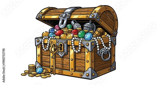 Treasure Chest Overflowing with Gold Coins and Jewels.