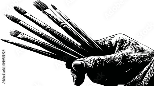 A hand holds paintbrushes in a black-and-white illustration with bold hatching