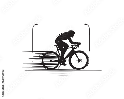 Silhouette of a cyclist in motion with speed lines and streetlights on a white background bicycle