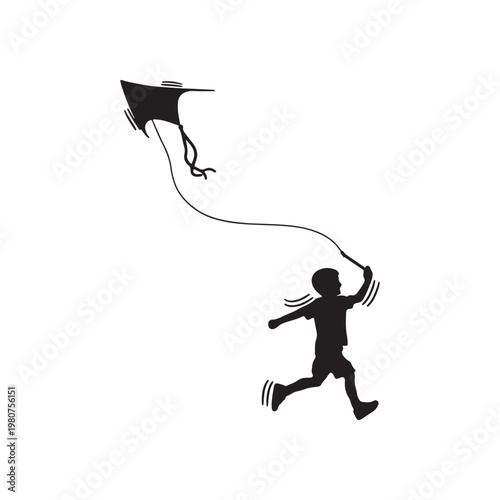 Silhouette of a young boy running joyfully while flying a black kite with a long string against a clean white