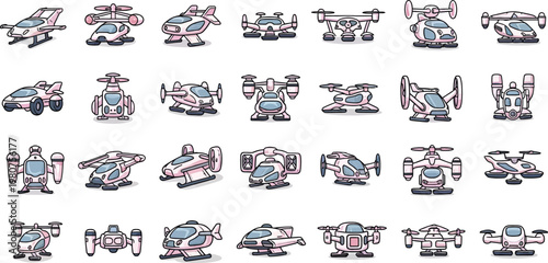 Passenger drone and advanced aircraft graphic icon assortment