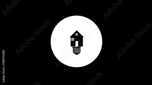 Silhouette of a house atop a lightbulb, within a white circle on a black background