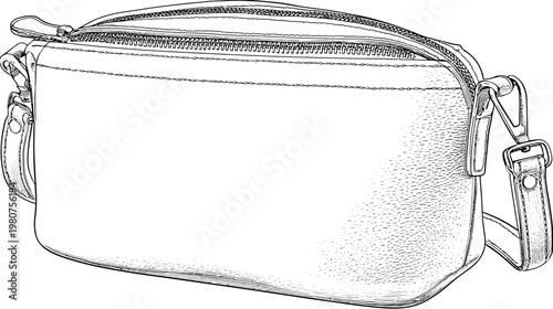 Detailed sketch of a rectangular bag with strap and zipper