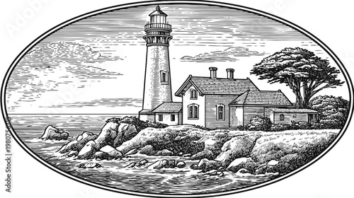 Black and white woodcut illustration of a lighthouse, home, tree, and sea in an oval