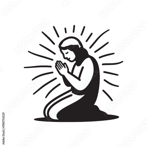 Black and white of a person kneeling with hands clasped in prayer surrounded by radiating lines symbolizing divine