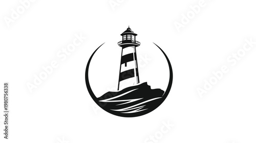 Striking black and white lighthouse graphic, set within a circular emblem, waves below