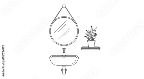 Bathroom Sink with Mirror and Plant.