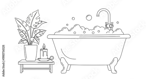 Clawfoot Bathtub with Bubbles and Faucet.
