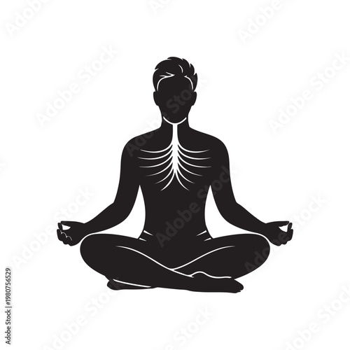 Silhouette of a person meditating in a lotus position with a stylized ribcage and neck structure visible Keywords