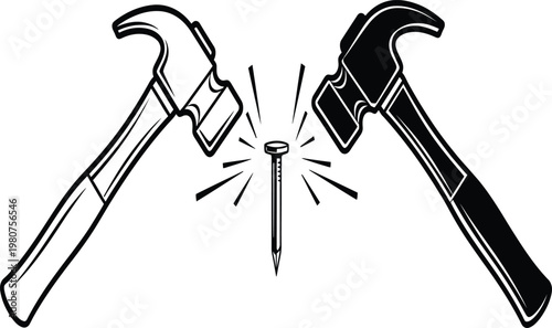Hammering a nail tools in action black and white illustration