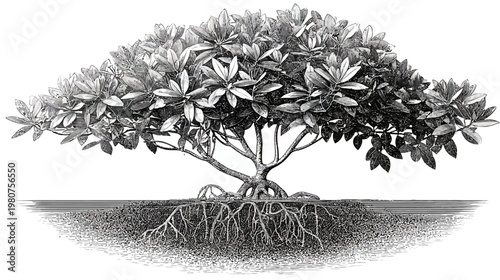 Monochrome graphic of a mangrove tree with dense foliage and intricate root system