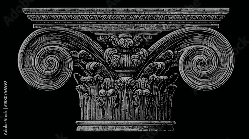 Intricate gray engraving of a Corinthian column capital on black, detailed linework