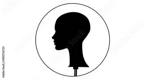 Silhouette of a mannequin head in profile, inside a circle, black on white