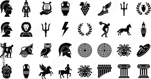 Collection of black silhouette icons representing elements of ancient greek mythology, history, and culture including gods heroes animals and symbols.