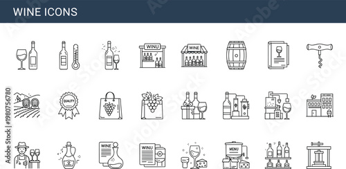 Wine line icon set with bottle glass vineyard winery sommelier corkscrew tasting menu alcohol outline vector collection for hospitality branding
