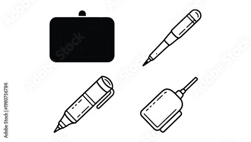 Tool Kit Essentials: Four illustrations of essential tools: a briefcase, pen, marker, and glue bottle, symbolizing readiness and creative work.