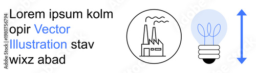 Sustainable energy, industrial operations, environmental impact, green innovation, progress icons, renewable solutions. Factory emitting smoke, light bulb with plants and arrow. Environmental impact