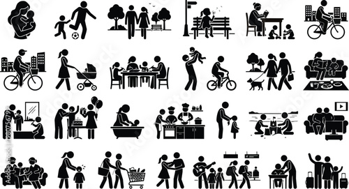 Collection of black and white silhouette icons depicts various family activities and everyday life moments including parenting, sports, dining, and relaxation.