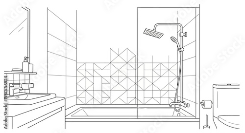 Modern bathroom with shower and sink.