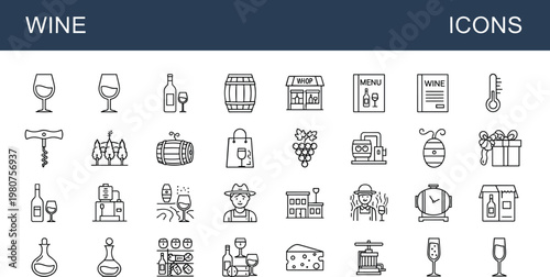 Wine outline icons set with bottle glass barrel vineyard corkscrew tasting menu winery sommelier beverage vector line collection 🍷