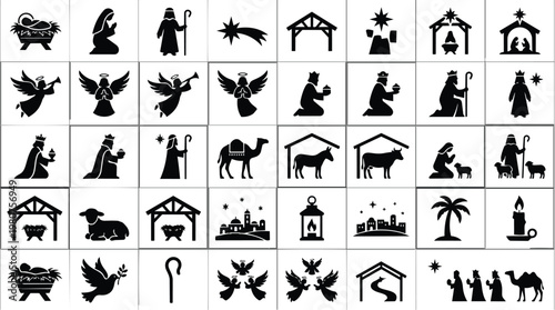 Silhouetted nativity figures including angels, kings, animals, and stable scenes are displayed in a grid format.