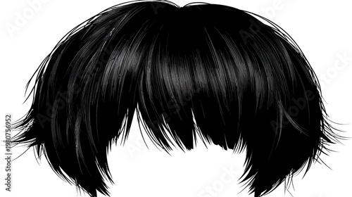Stylized black wig with straight, feathered ends and short bangs on a white ground