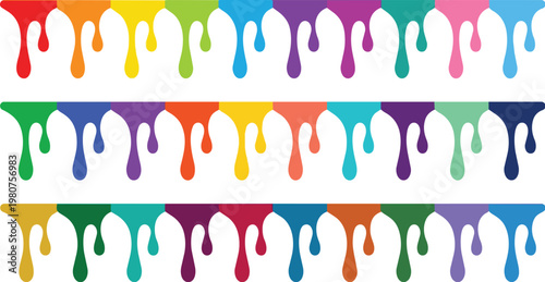 Brightly colored paint drips in three horizontal rows create a vibrant, abstract design.