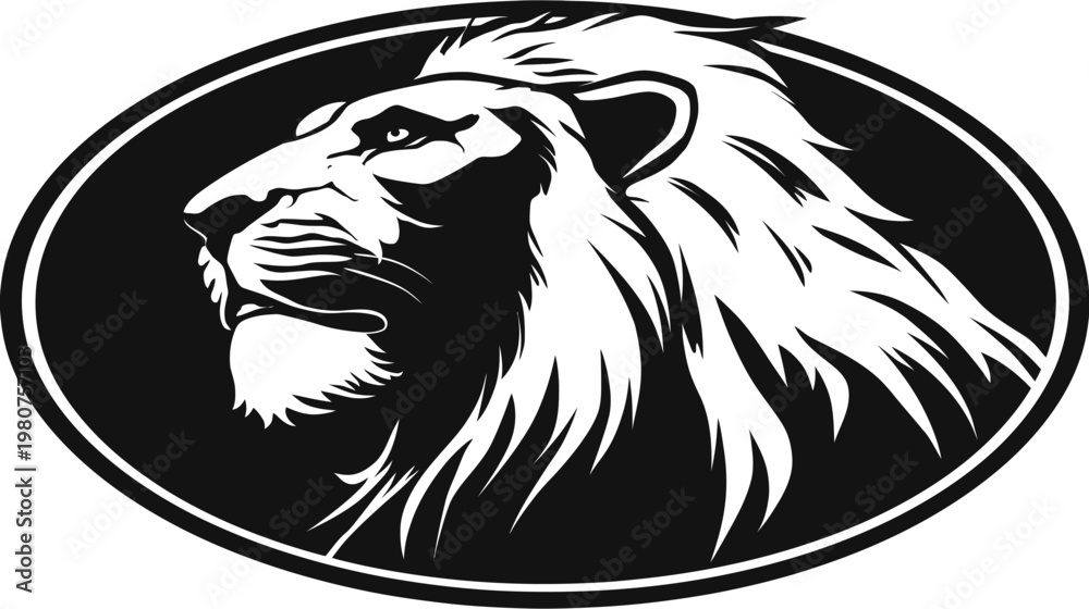 Fototapeta premium Majestic lion profile within a black oval frame, rendered in striking black and white