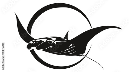Black silhouette of a manta ray gracefully swimming within a partial circular frame