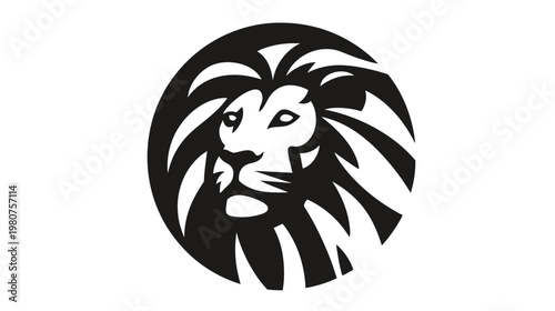 Bold black and white design of a majestic lion head with a striking mane in a circle