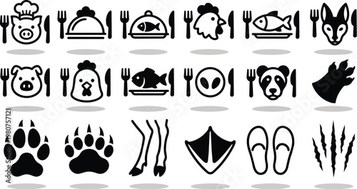 Collection of simple silhouette icons representing various animals and food related elements including a chef pig chicken fish alien panda paw prints legs duck feet and claws.