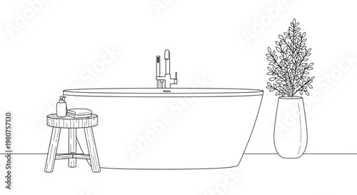 Modern freestanding bathtub with faucet.